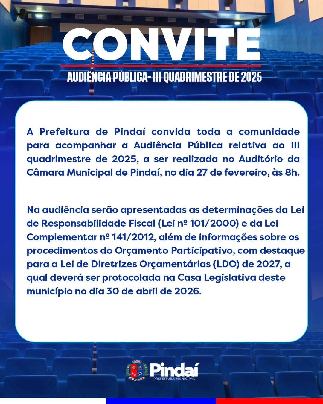Prefeitura de Pindaí convida população para Audiência Pública do III Quadrimestre de 2025